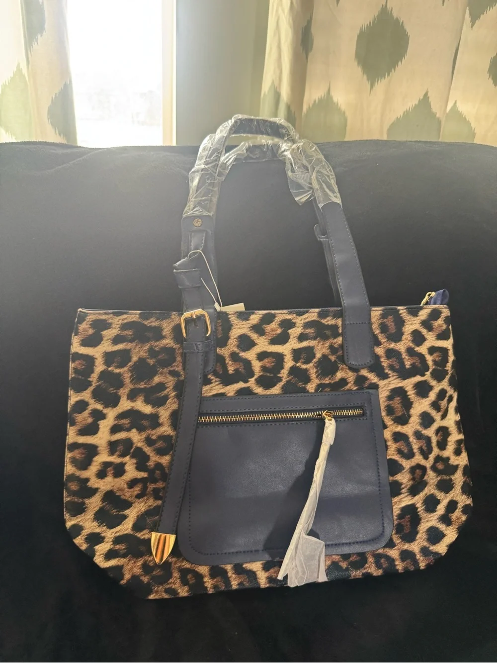 Leopard Print Tote Bag with Navy Trim